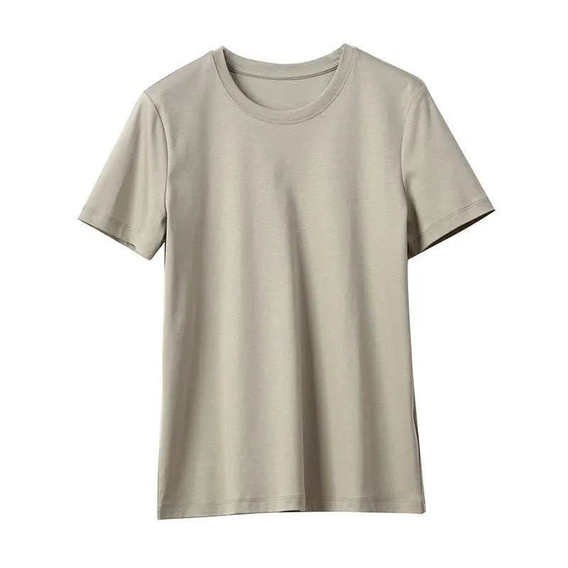 Summer Mercerized Cotton Women Silk T-shirts O Neck Short Sleeve Loose Straight T-shirts Casual Tees For Minimalist 2021