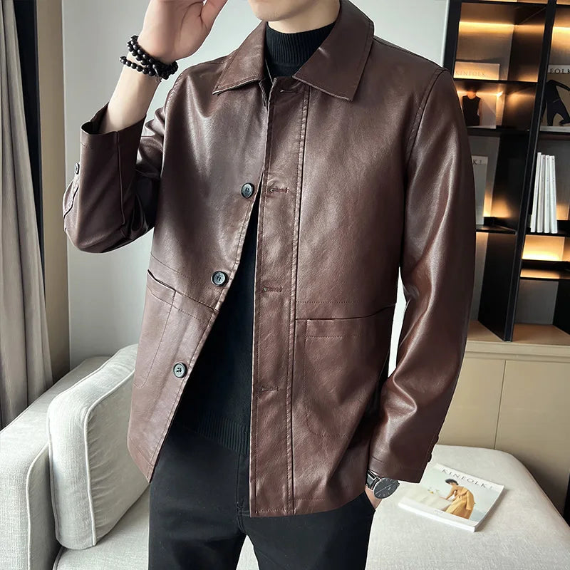 brand slim leather jacket coat Men Business Casual Autumn winter.
