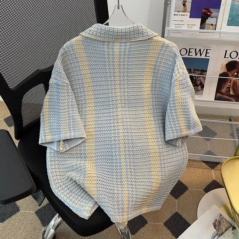 Retro Contrast Striped Summer Men's  Spliced Square Collar Button.