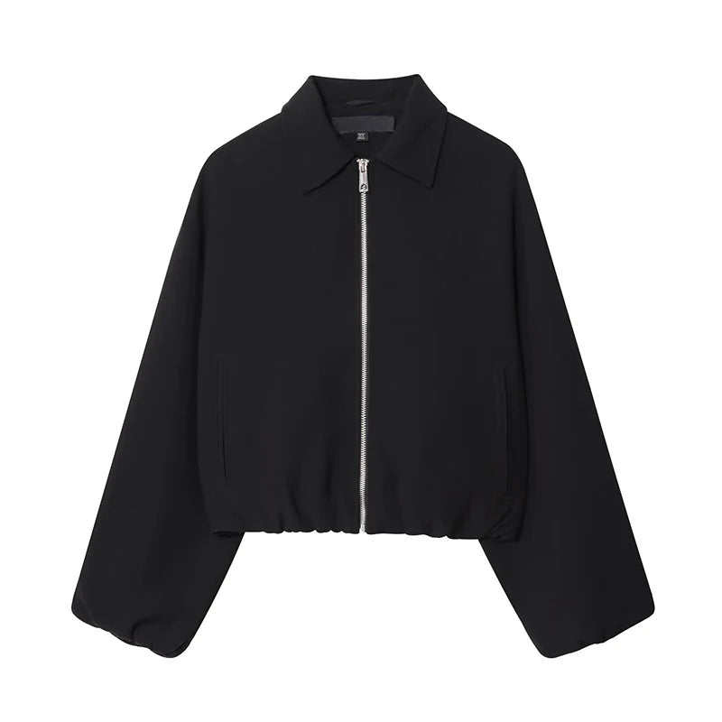Casual Solid Zipper Lapel Short Jacket Women Long Sleeve .