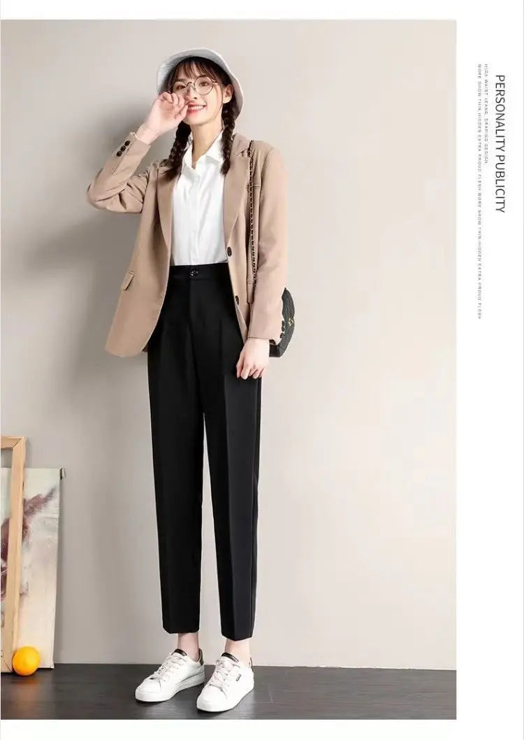 Fashion Office Pocket Black Loose Ankle-Length Pants Women New High Waist Korean Zipper Button All-match Lady Straight Trousers