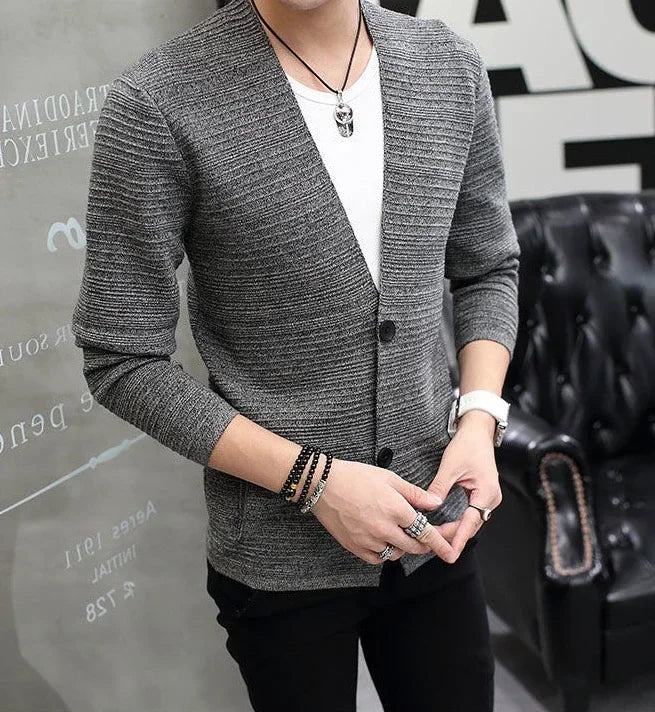Knit Sweater Male Men's Clothing Cardigan Black Slim Fit Plain .