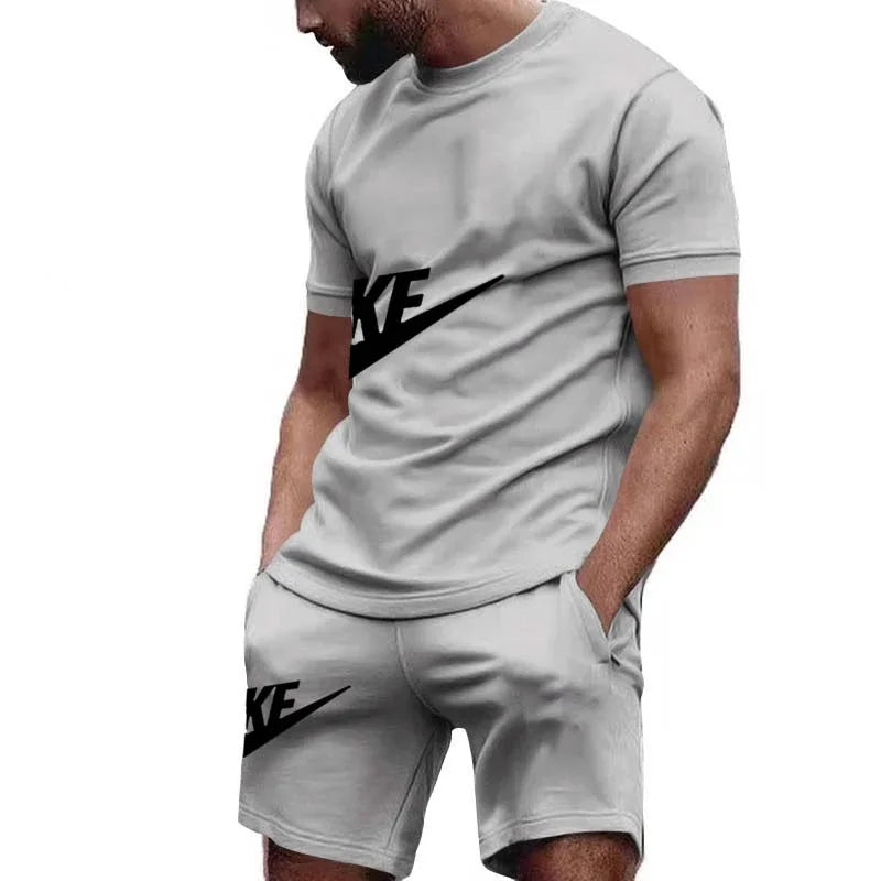 Men 2025 summer new casual sports suit Fashion breathable outdoor men's short-sleeved T-shirt + training shorts two-piece set