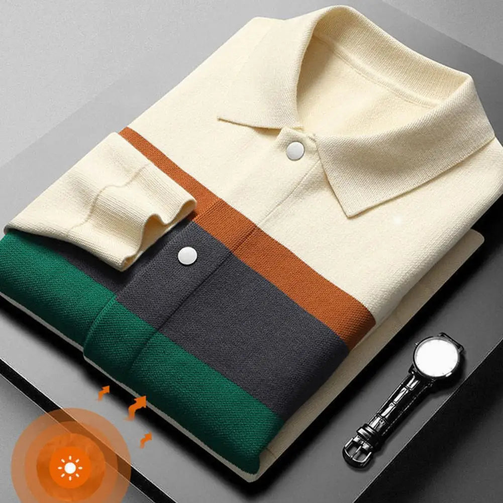 Fall Winter Men Cardigan Sweater Coloblock Turn-down.