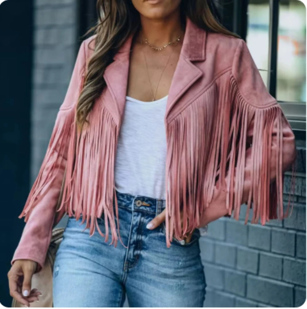 New women Motor Biker Cardigan OutwearsFaux Suede Tassel Jacket.