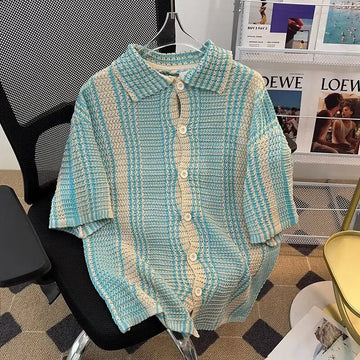 Retro Contrast Striped Summer Men's  Spliced Square Collar Button.