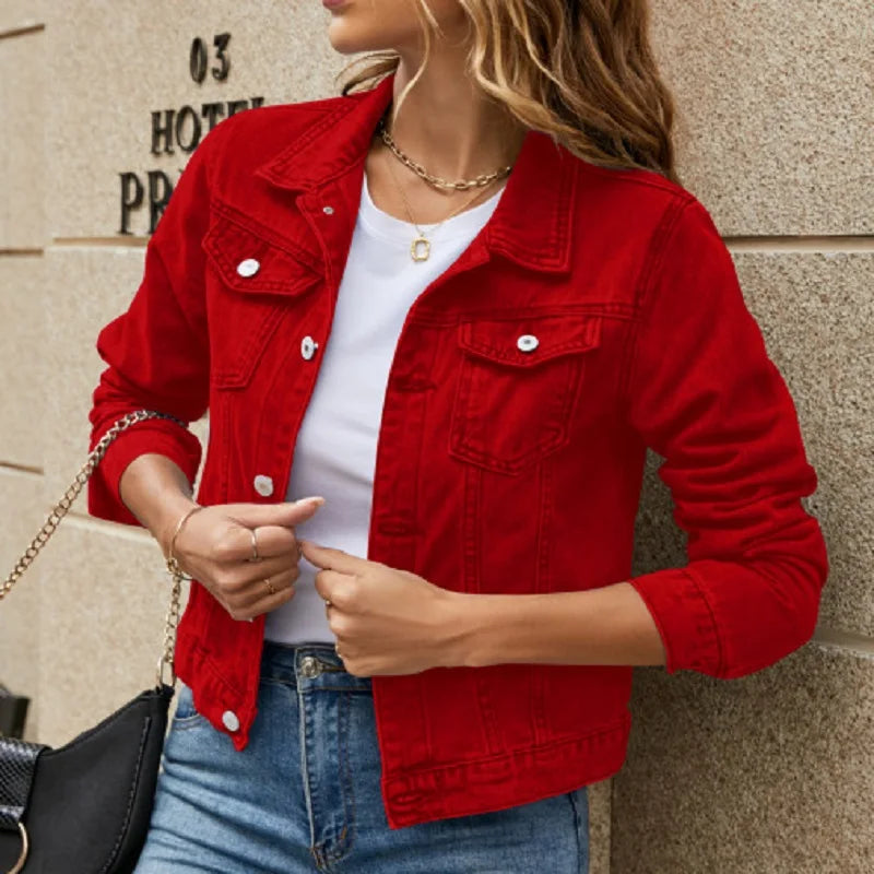 Women Autumn Denim Short Jackets Single Breasted Long Sleeve .