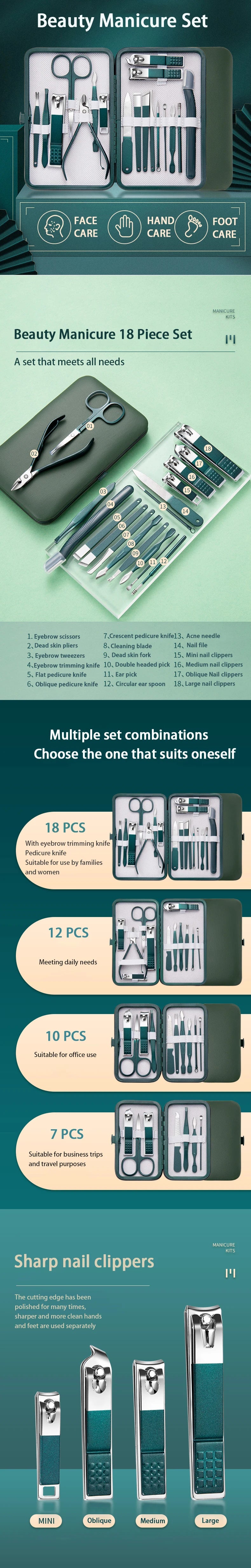 Professional 7/10/12/18 Piece Nail Care Kit Stainless Steel .