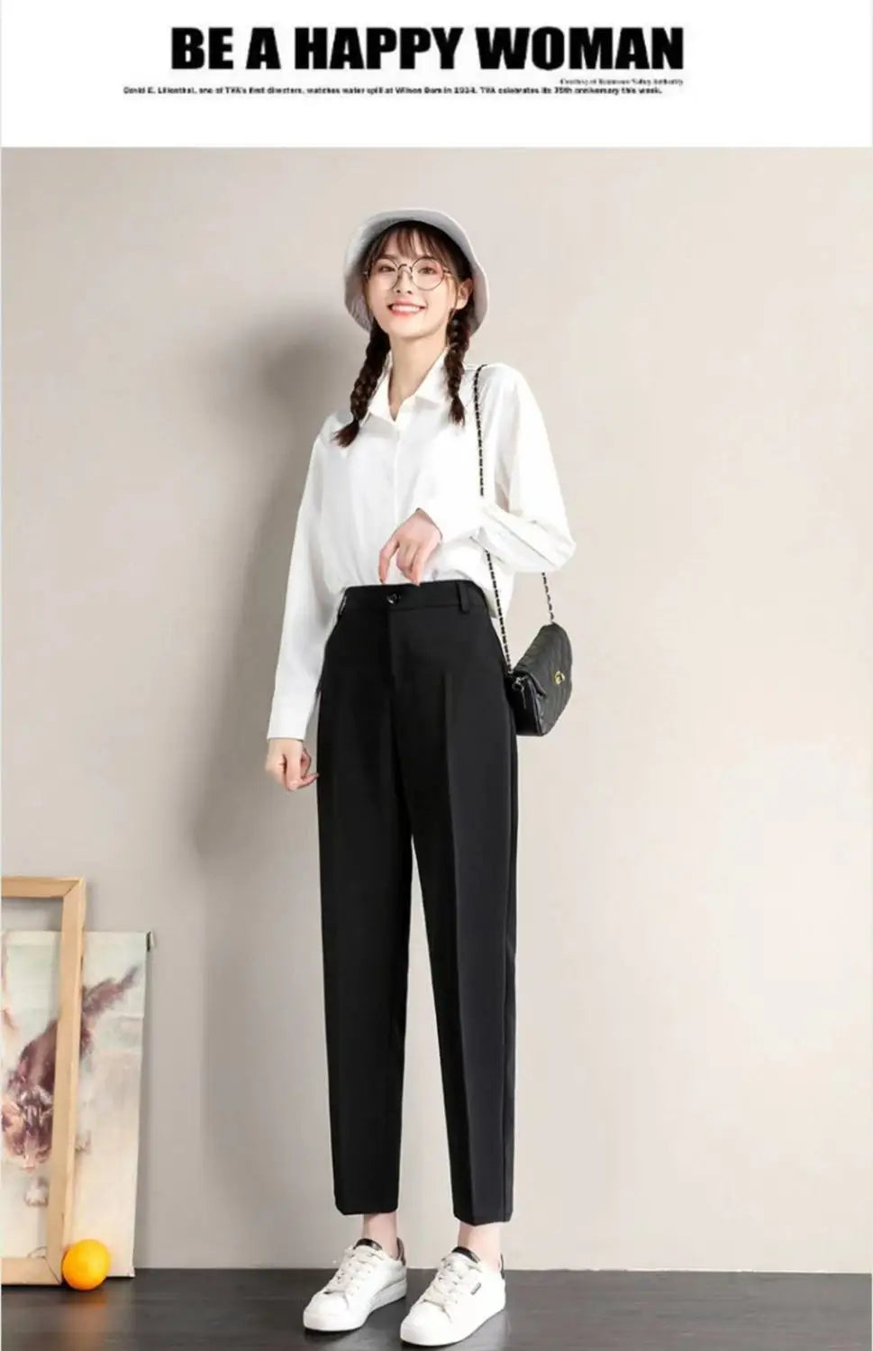 Fashion Office Pocket Black Loose Ankle-Length Pants Women New High Waist Korean Zipper Button All-match Lady Straight Trousers
