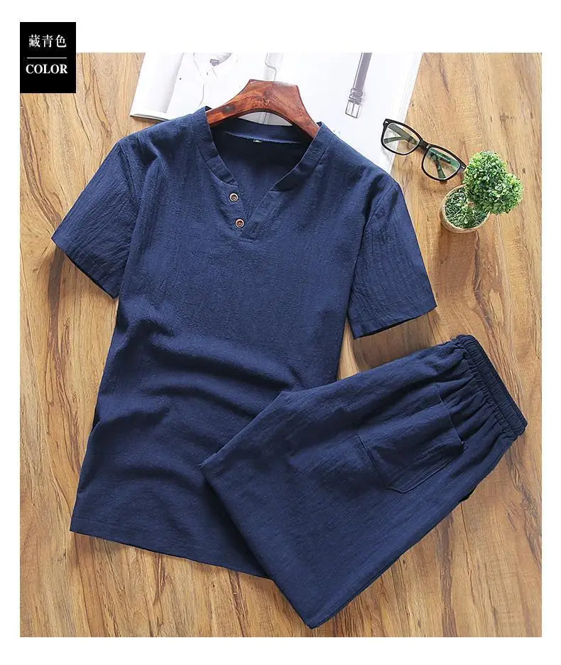 Two Piece Set Men Summer Vintage Simple Casual V Neck Short Sleeve Cotton Linen T Shirt Vacation Solid Loose Beach Shorts Ropa
