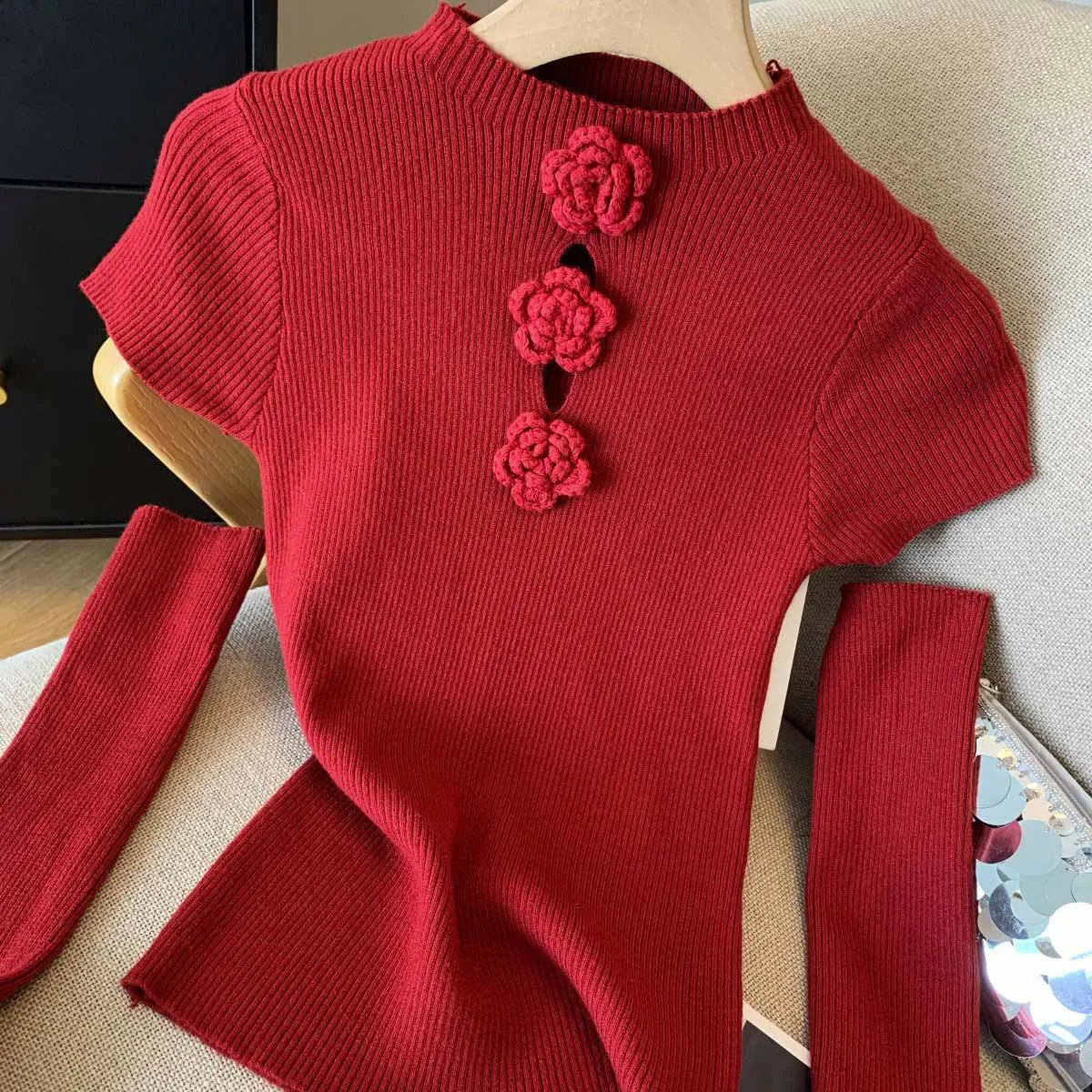 Women's Clothing Fashion Floral Solid Knitted Sweaters Spring Summer Elegant Slim O-neck Long Sleeve Tops