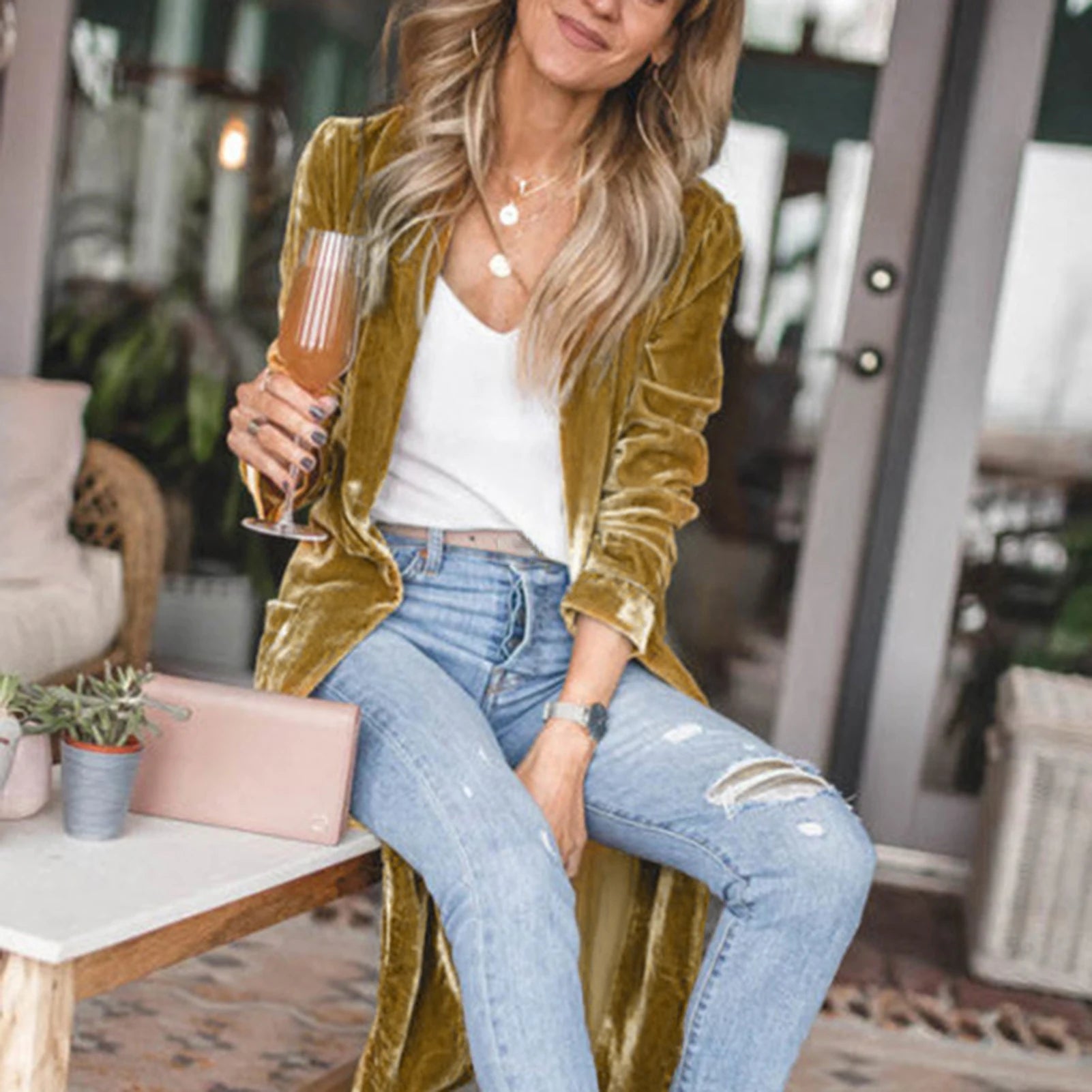 Stylish Women Coat Warm Fashion Golden Velvet Small Suit Jacket .