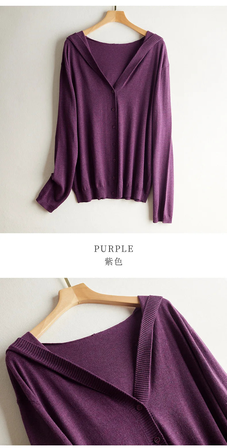 Birdtree 63.9% Silk Cashmere Blended Cardigan Hooded Loose Long Sleeve Knitted Coat Solid Casual Women's Top Autumn New T38533QM