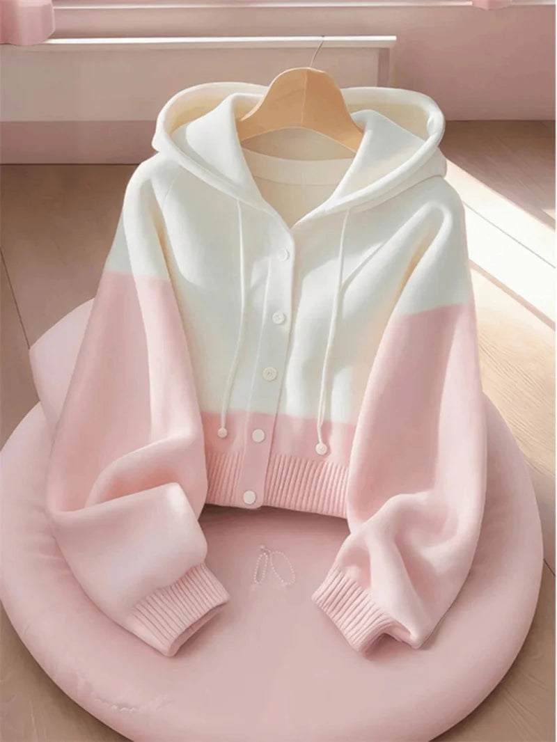 Women Spring Autumn Patchwork Knitted Cardigan Sweater 2025 New Korean Ladies Single Breasted Sweater Hooded Jacket Elegant Coat