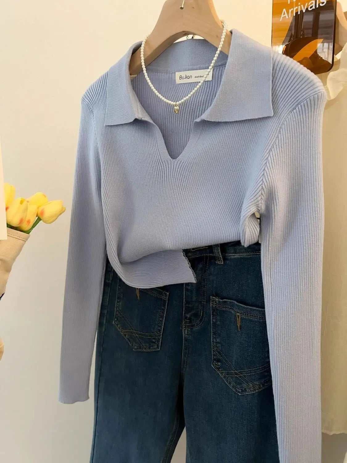 Women Clothing Vintage Fashion Solid Turn-down Collar Pullovers.