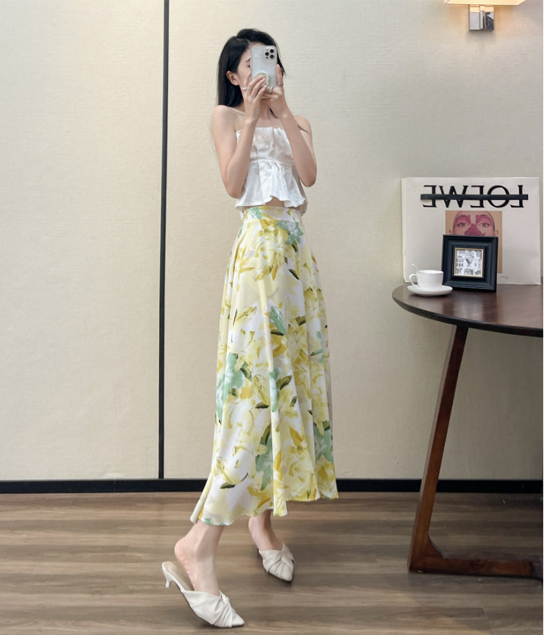 Summer High Waist Women Skirts Casual Floral Printed Chiffon.