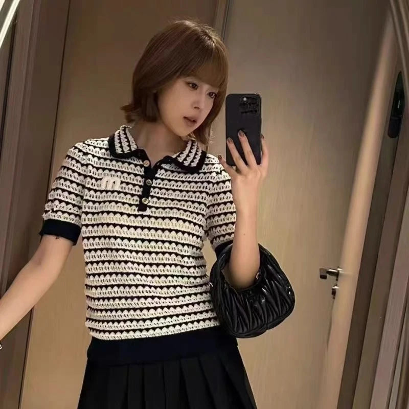 Knit Sweater T-shirts Women Embroidered Short Sleeve .