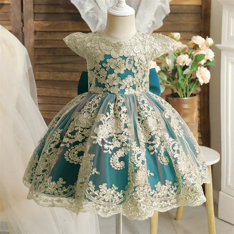 Toddler Baby Girls Lace Dress Elegant Embroidery Flower Princess Dresses for 1-5 Years Newborn Infant Green Christmas Costumes
