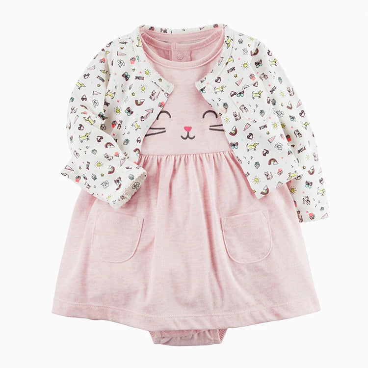 2pcs Spring Summer Infant Baby Girls Clothes Sets Toddler Dresses Long Sleeves Cardigan+Bodysuit Dress Newborn Girl Outfit
