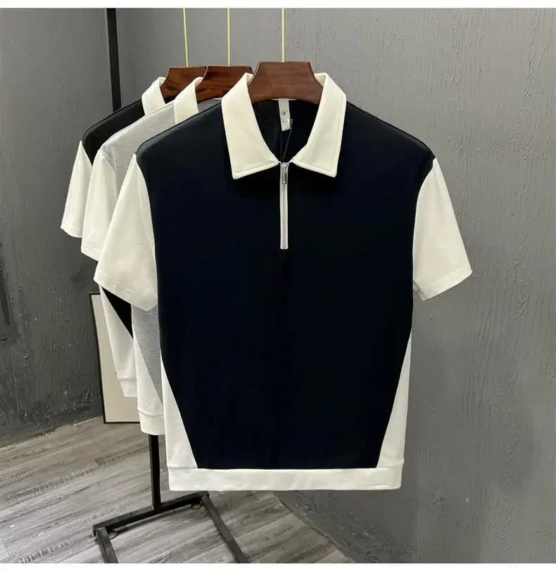Fashionable Half-zipped Men's Polo Shirt Casual Color Block Short Sleeves Summer Trendy Lightweight Style Men's T-shirt