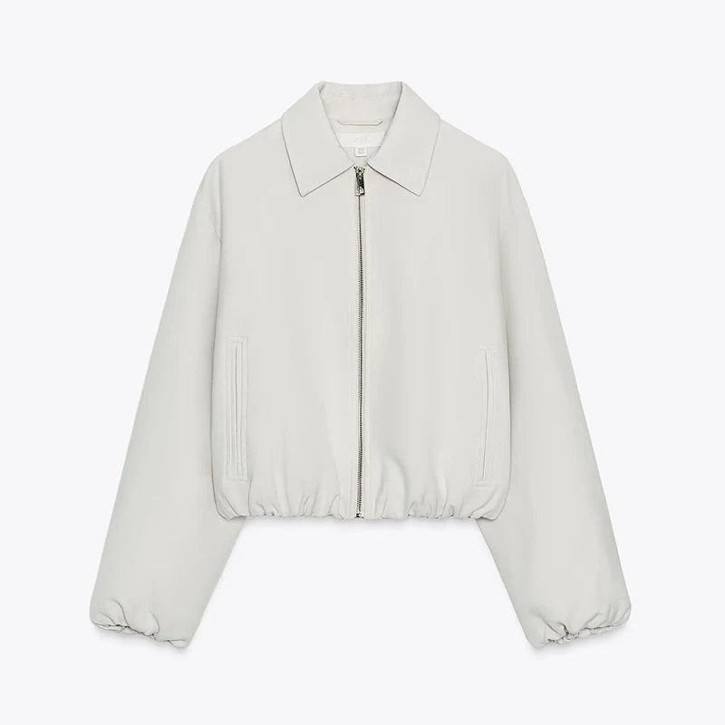 Casual Solid Zipper Lapel Short Jacket Women Long Sleeve .