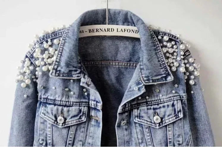 Pearl Denim Coat Women Cotton Spring Autumn Ropa Cardigan Jeans,