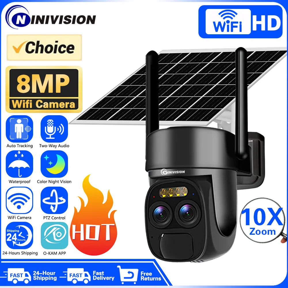 4K 8MP Dual Lens WIFI Solar Pane Camera Outdoor 10X Optical Zoom .