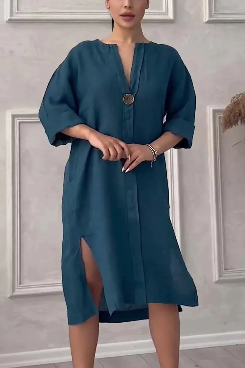 Elegant O-neck Long-sleeved Button Dress For Women's ./ MH