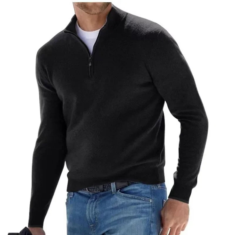 Men's Autumn Solid Color Jumper Half Zipper Casual Sweater Slim V-neck.