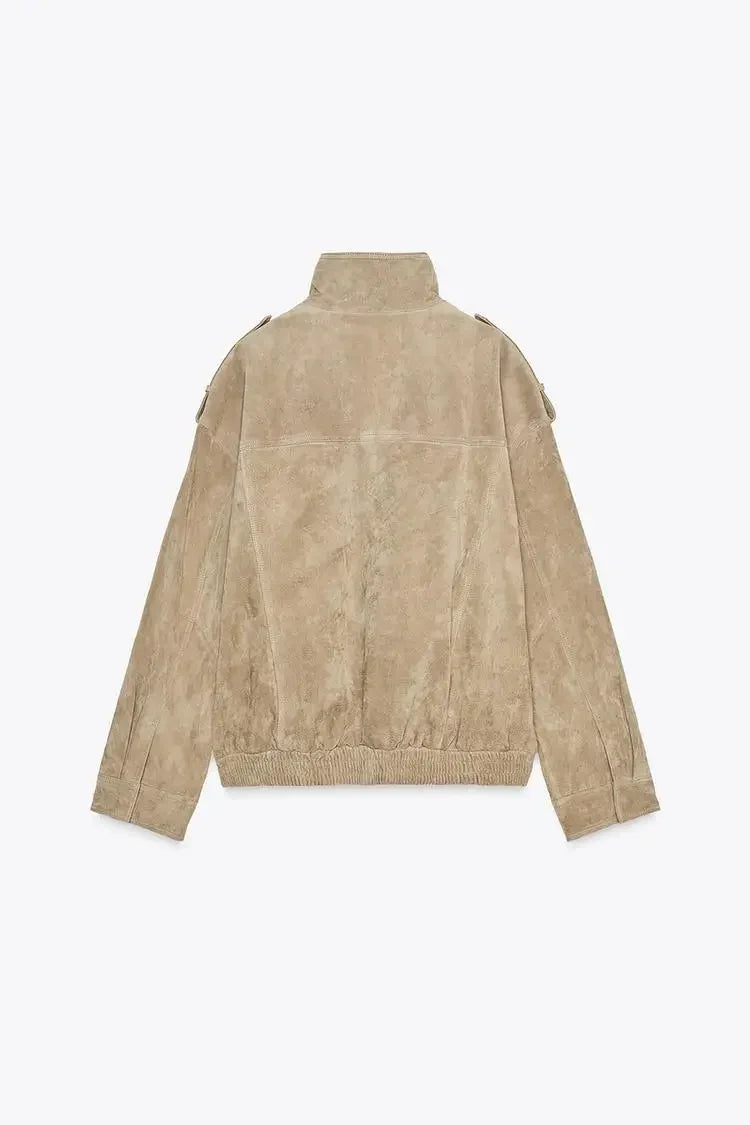Solid Suede Zipper Cropped Jacket Women Casual Stand Collar .