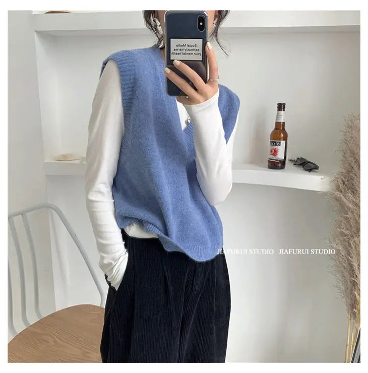 Sleeveless Knitted Sweater Vests Women Casual Solid Loose Outerwear .