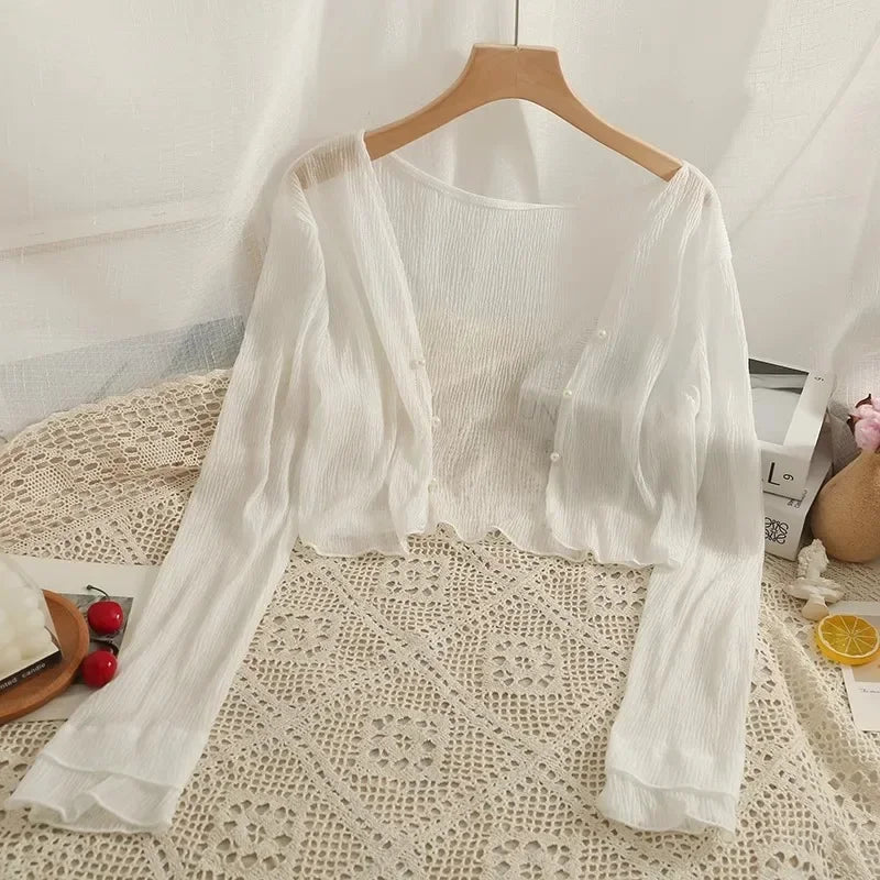 Button Front Crop Women Cardigan Sheer Knit Top Lightweight Bolero .