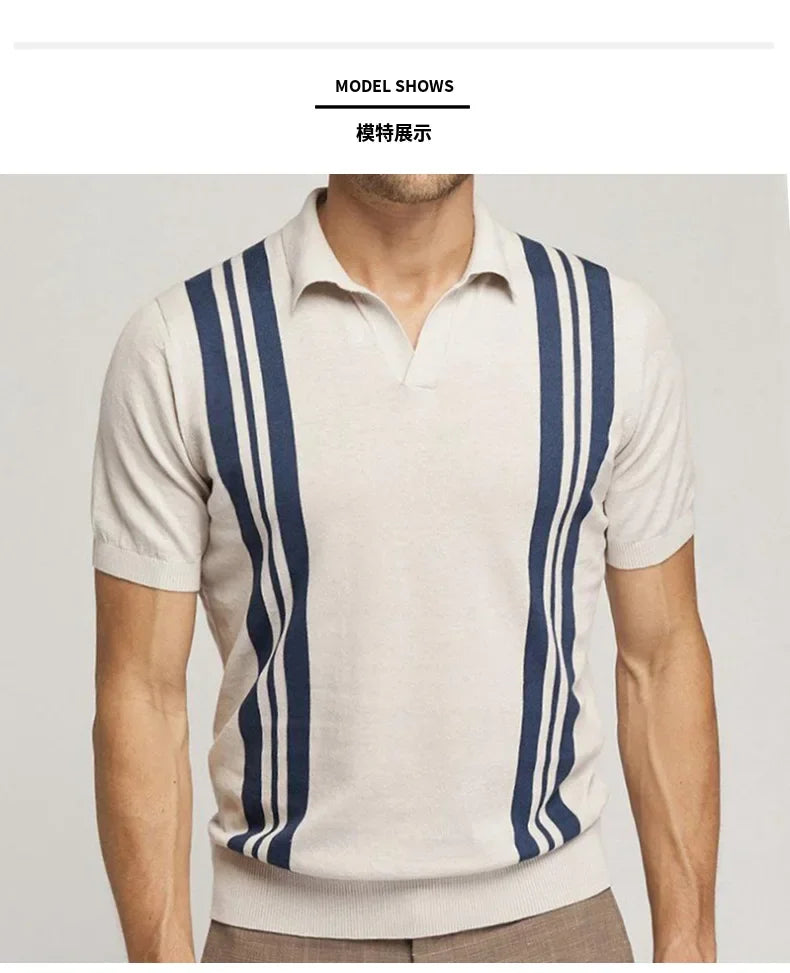 Men's Polo Shirts Vintage Striped Lightweight Knit Golf Shirts Classic Casual Short Sleeves Tops Male Business Social Shirt