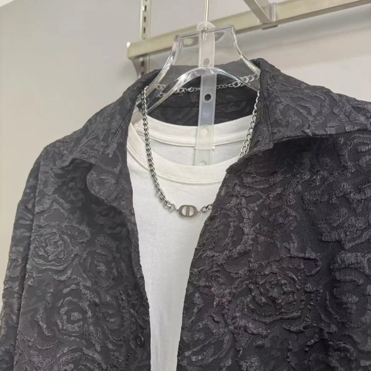 Men's Casual Suit Lapel Jacquard Shirt Trousers Two-piece Set .