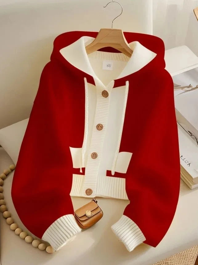 Women Spring Autumn Patchwork Knitted Cardigan Sweater 2025 New Korean Ladies Single Breasted Sweater Hooded Jacket Elegant Coat