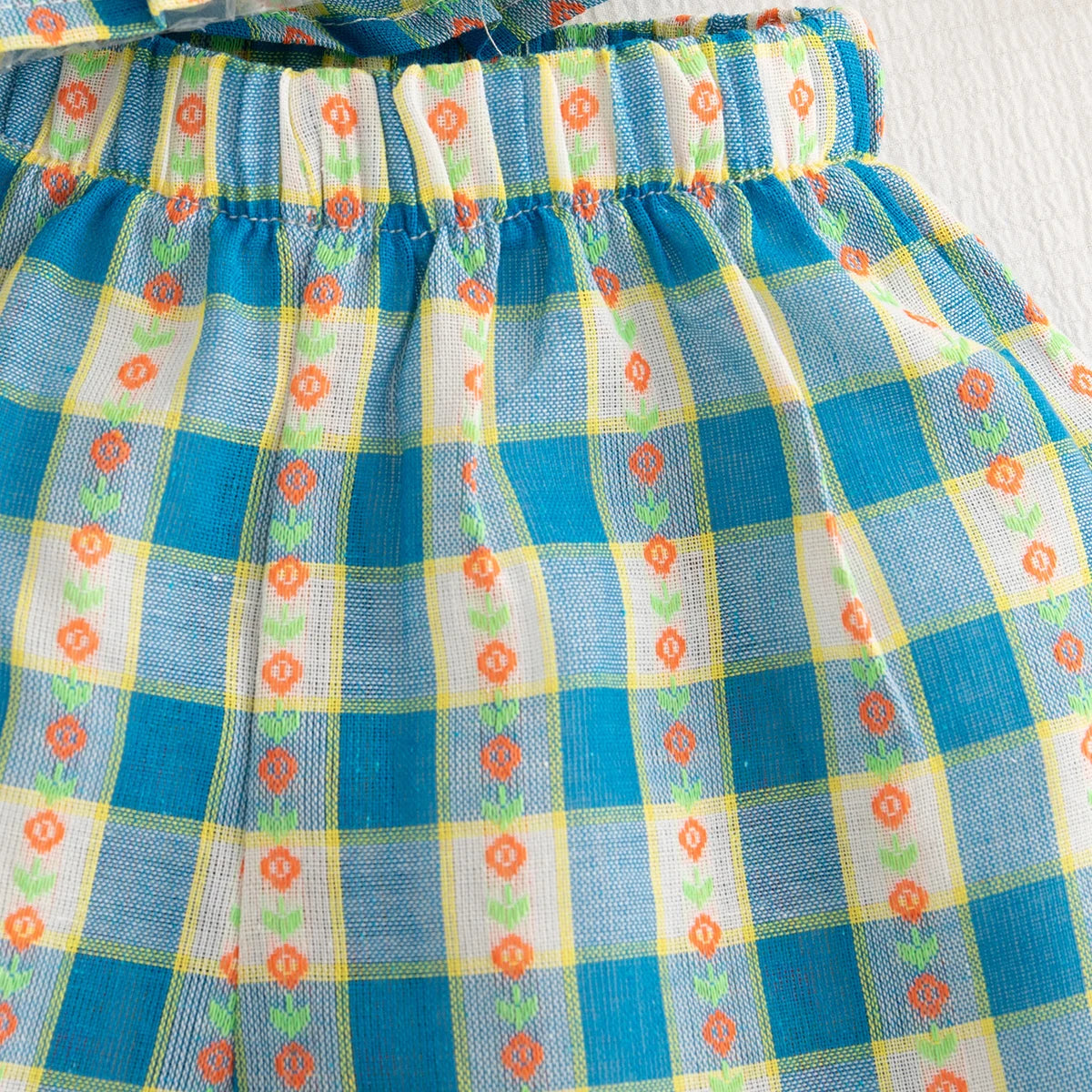 Baby Girl Set Blue Plaid Printed Bubble Sleeve Top with Shorts Suit Summer Girl Outdoor Outfit