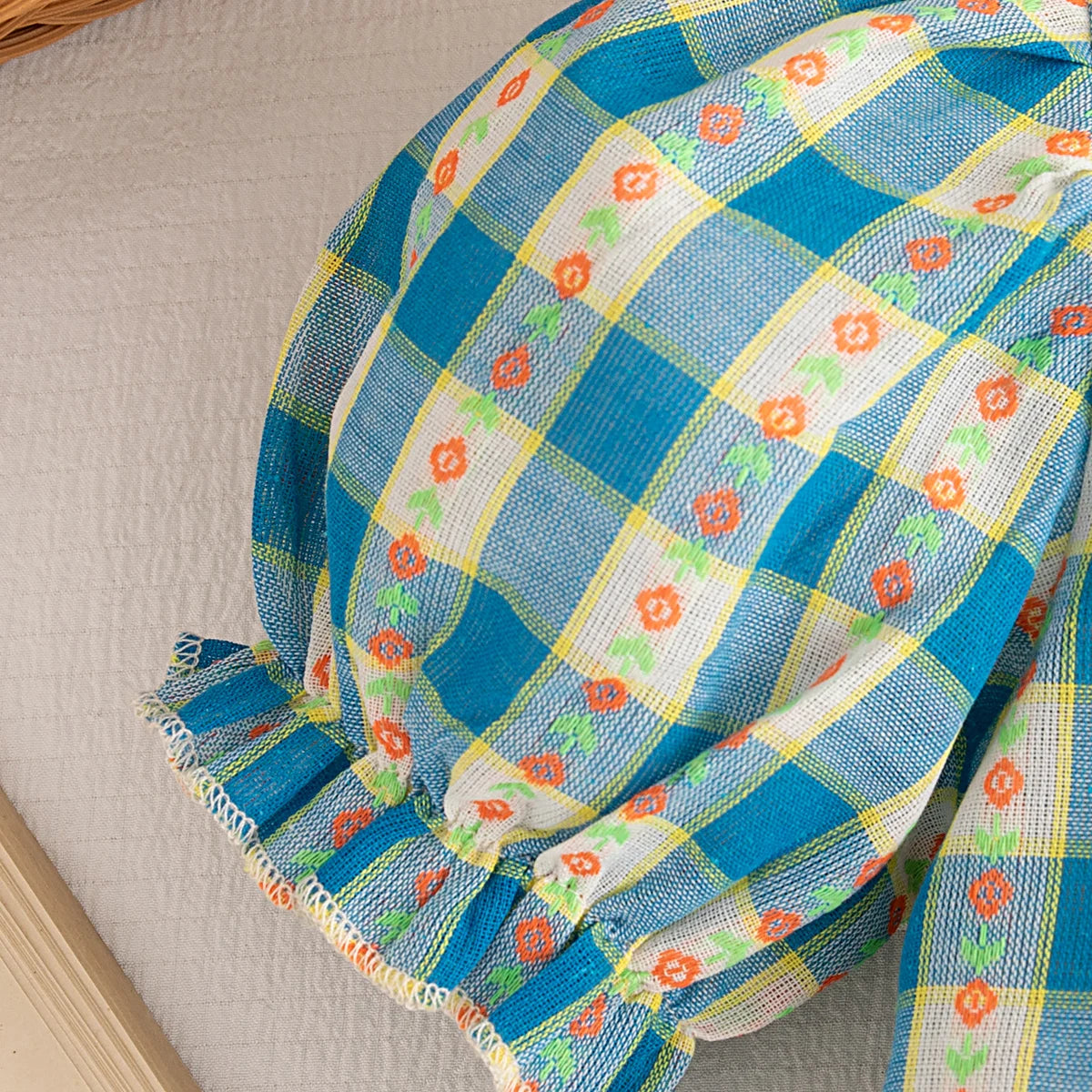 Baby Girl Set Blue Plaid Printed Bubble Sleeve Top with Shorts Suit Summer Girl Outdoor Outfit