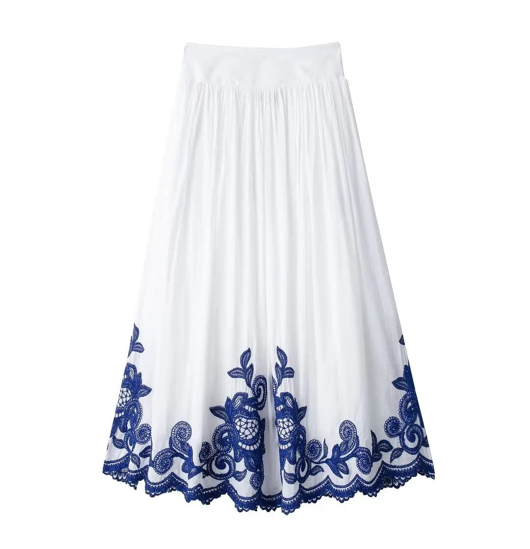 TRAFZA 2024 Woman Embroidery Print Set V Neck Casual Shirt Top + A-Line High Waist Chic Elegant Women's Pleated Long Skirt TRAF