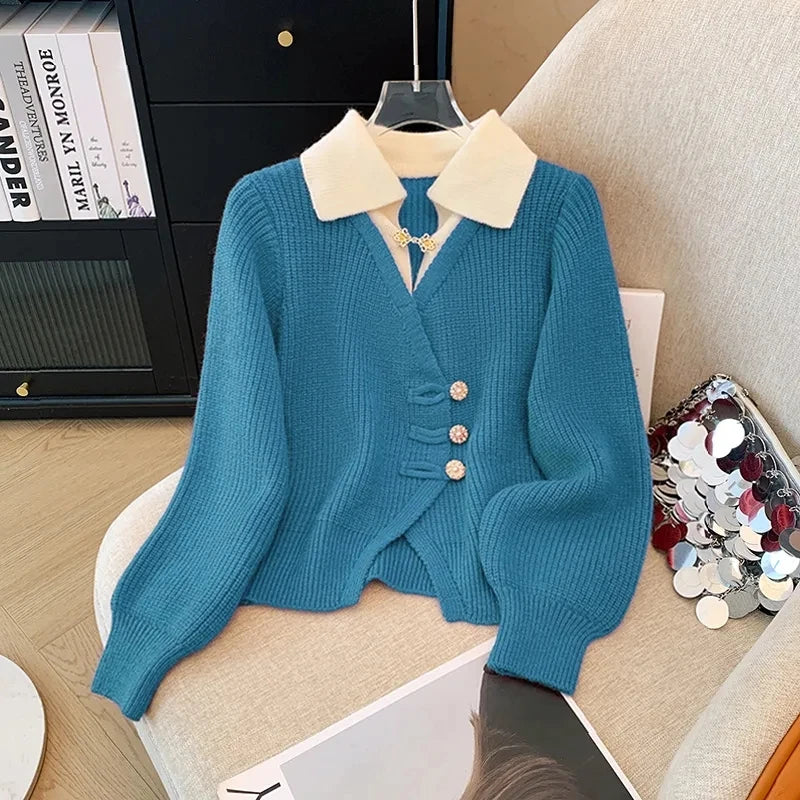 New 2025 Autumn Winter Design Splicing Slim Women Knitted Cardigan Sweater Jacket Fashion Fake Two Items Loose Ladies Top