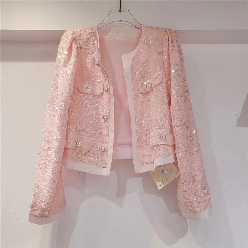 Women's Korean Outerwear Cardigan Splicing Sequin Jacket .
