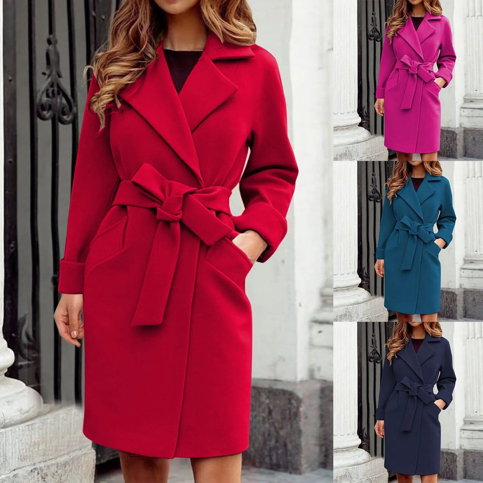 Women Hot Pink Trench Coat Casual Mid Long Overcoat.