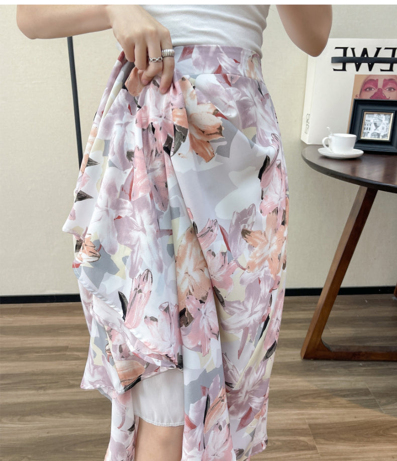 Summer High Waist Women Skirts Casual Floral Printed Chiffon.