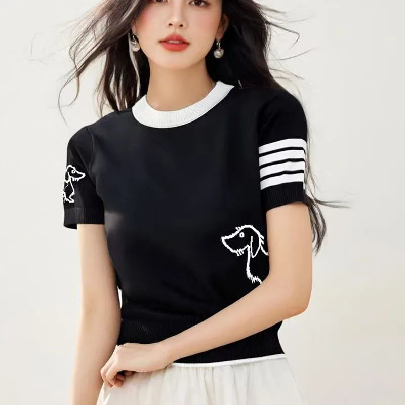 Summer wool women's round neck short sleeved pullover sweater soft  breathable high-quality sweater fashionable solid color top