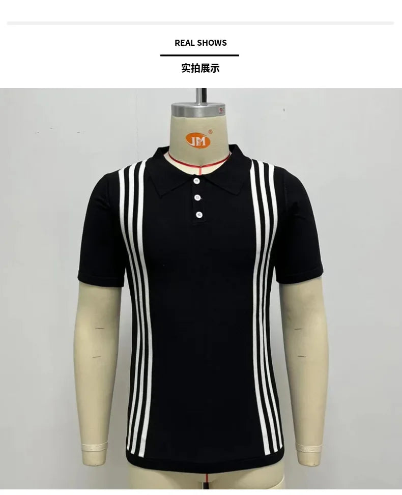 Men's Polo Shirts Vintage Striped Lightweight Knit Golf Shirts Classic Casual Short Sleeves Tops Male Business Social Shirt