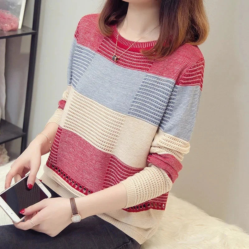 Sweater Women Purple Striped Stripes Pullover Thin Knitting .