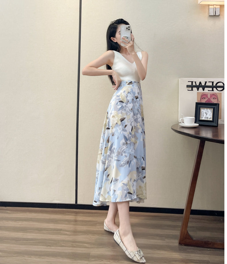 Summer High Waist Women Skirts Casual Floral Printed Chiffon.