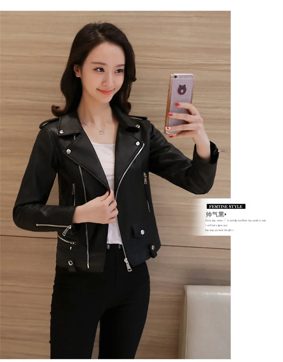 Women Cool Slim Fit Faux Leather Jacket Long Sleeve .
