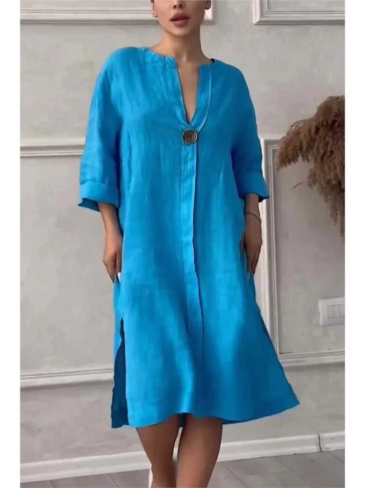 Y2k Long Sleeve Linen Maxi Dress Women ./MH