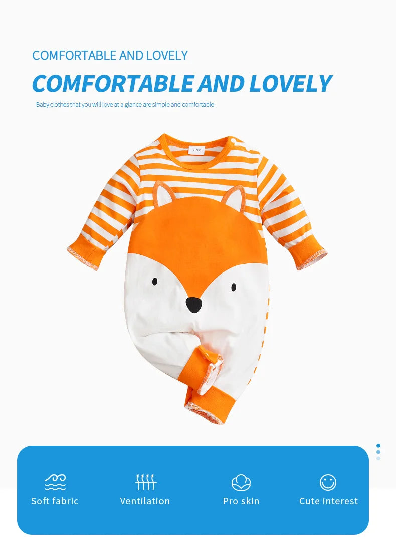 Boys And Girls Cute Cartoon Fox Printed Long Sleeve Baby Bodysuit.