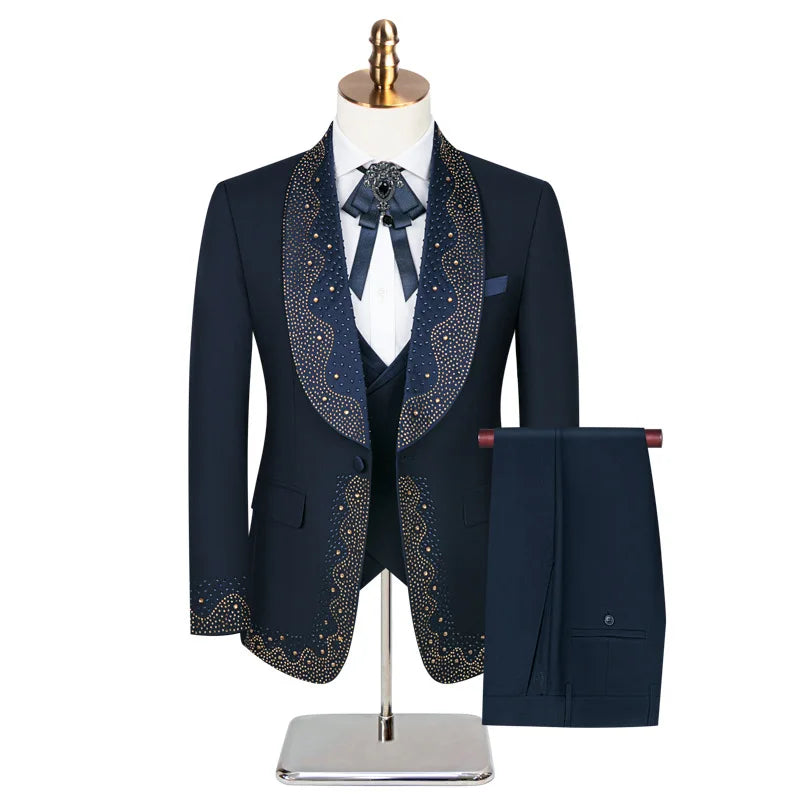 Elegant Groom Wedding Tuxedo Formal Prom Party Male Suit Slim (Blazer+Vest+Pants)